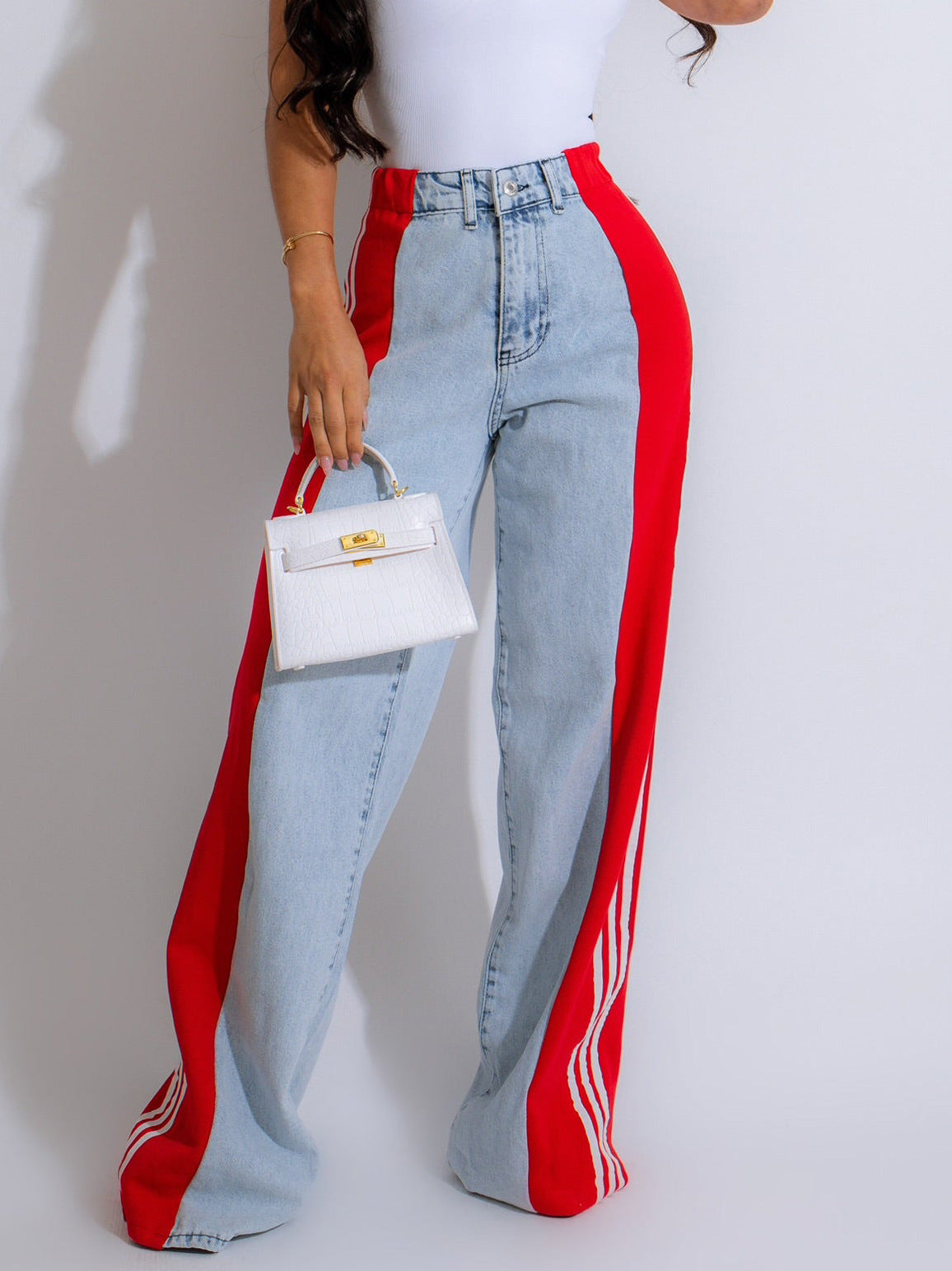 Three-Stripe Patchwork High-Waist Wide-Leg Denim Pants