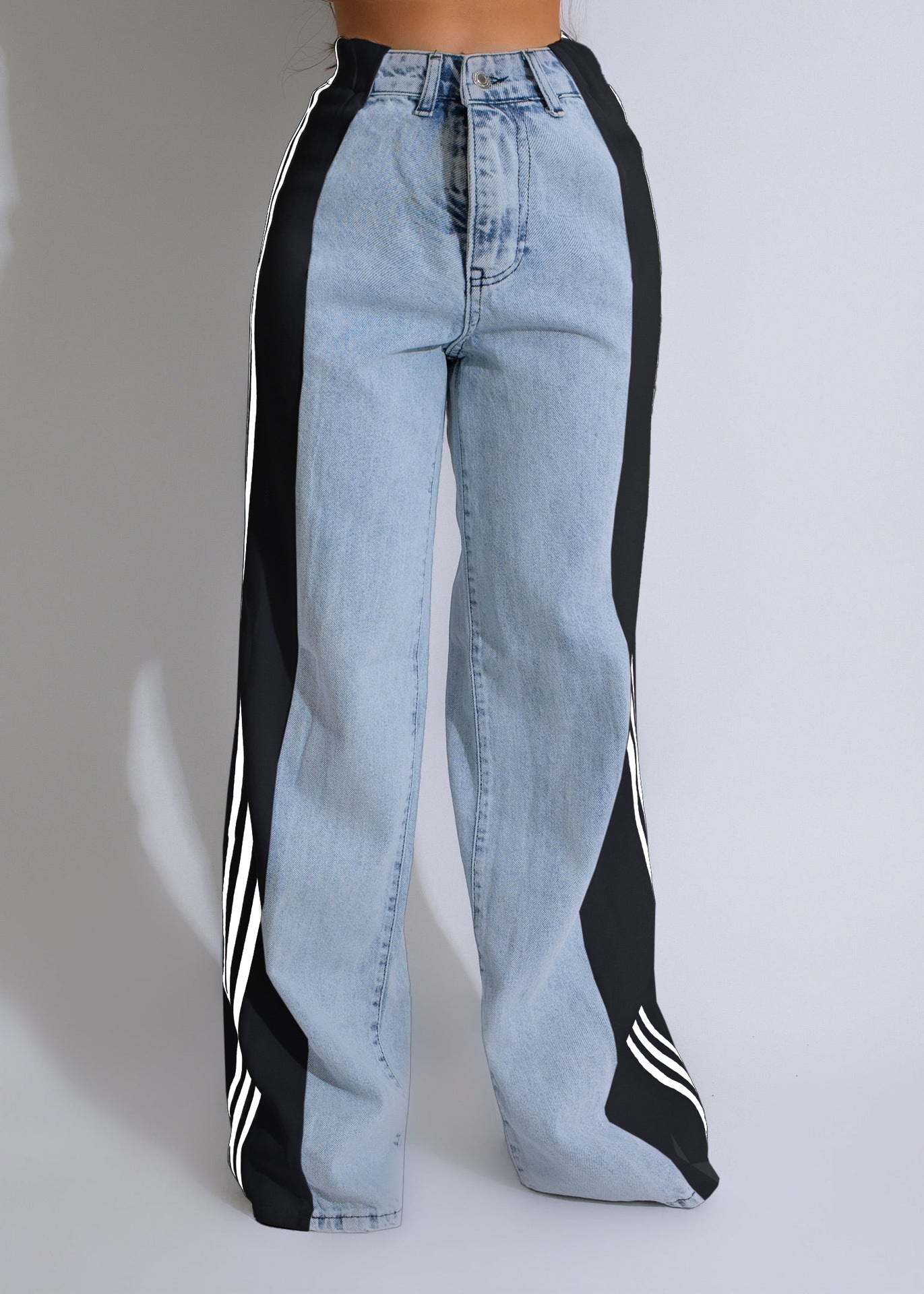 Three-Stripe Patchwork High-Waist Wide-Leg Denim Pants
