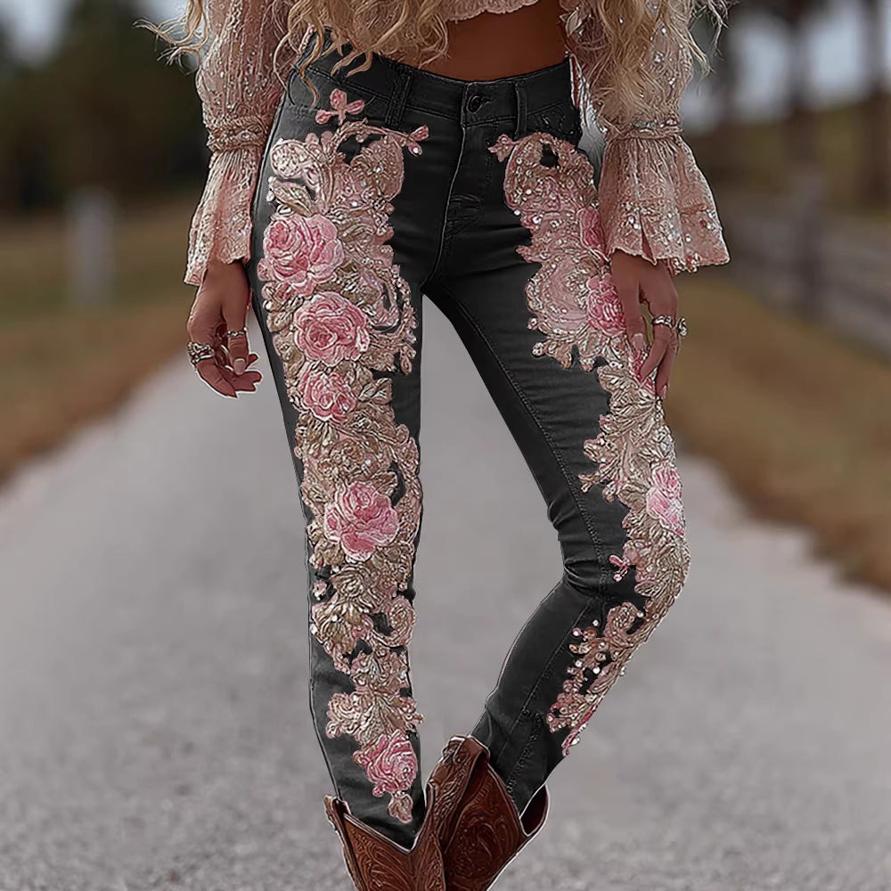 3D Floral Print Wide-Leg Denim Jeans
