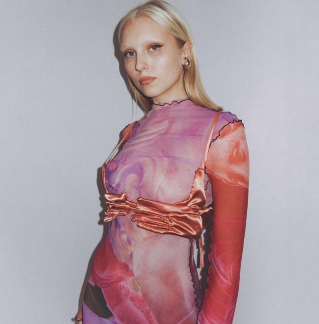 Vintage Print Sheer Mesh Long-Sleeve Dress Primordials