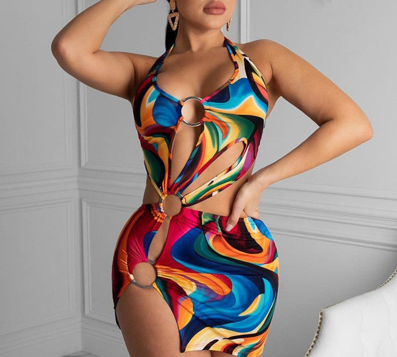 Hollow-Out Halter Backless Multicolor Mini Dress