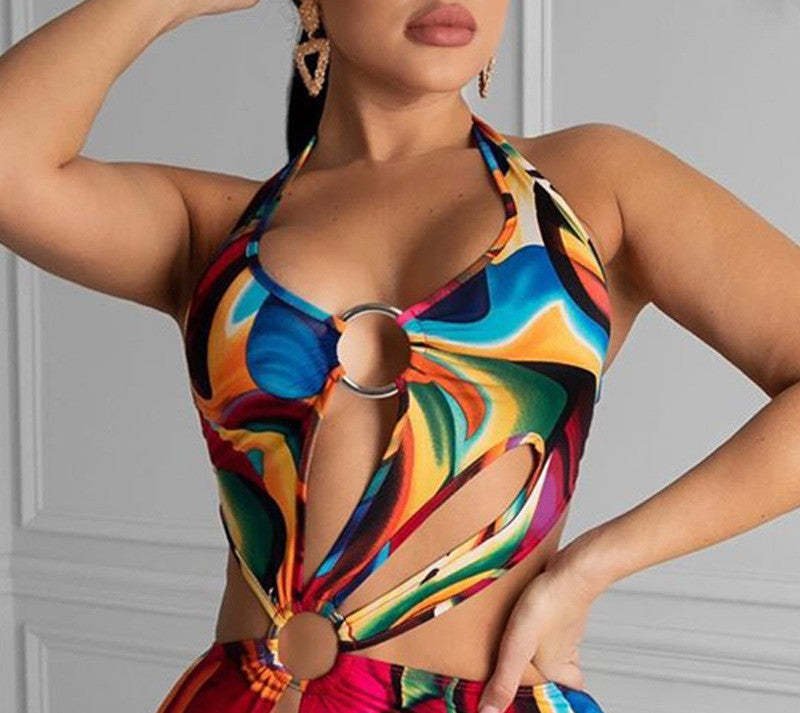 Hollow-Out Halter Backless Multicolor Mini Dress