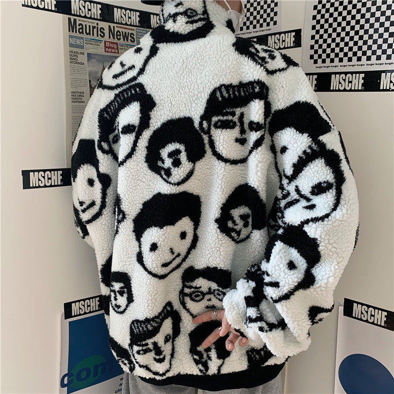 Chic Funny Print Loose Wool Winter Coat