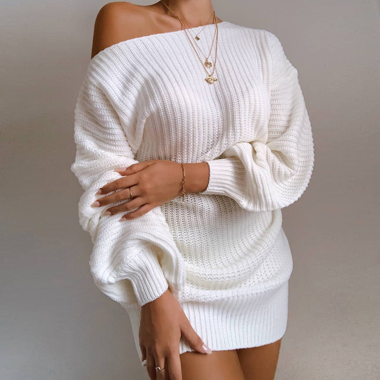 Off-Shoulder Knitted Sweater Dress Primordials