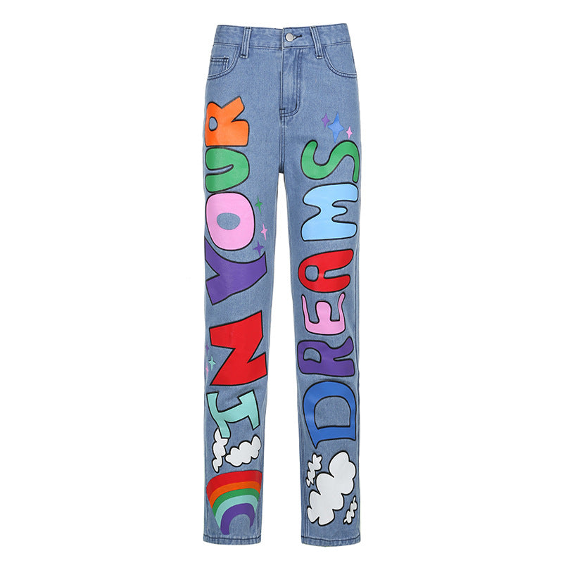"In Your Dreams" Colored Graffiti Letter Print Loose Jeans