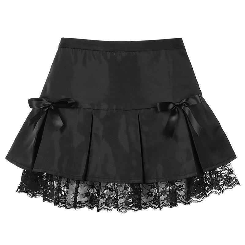 Goth Aesthetic Lace Trim Pleated Mini Skirt