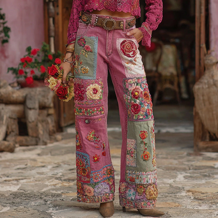 3D Floral Print Wide-Leg Denim Jeans