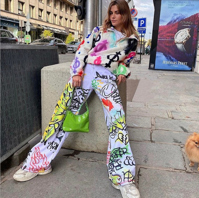 Spray Paint Print High-Waist Wide-Leg Pants Primordials