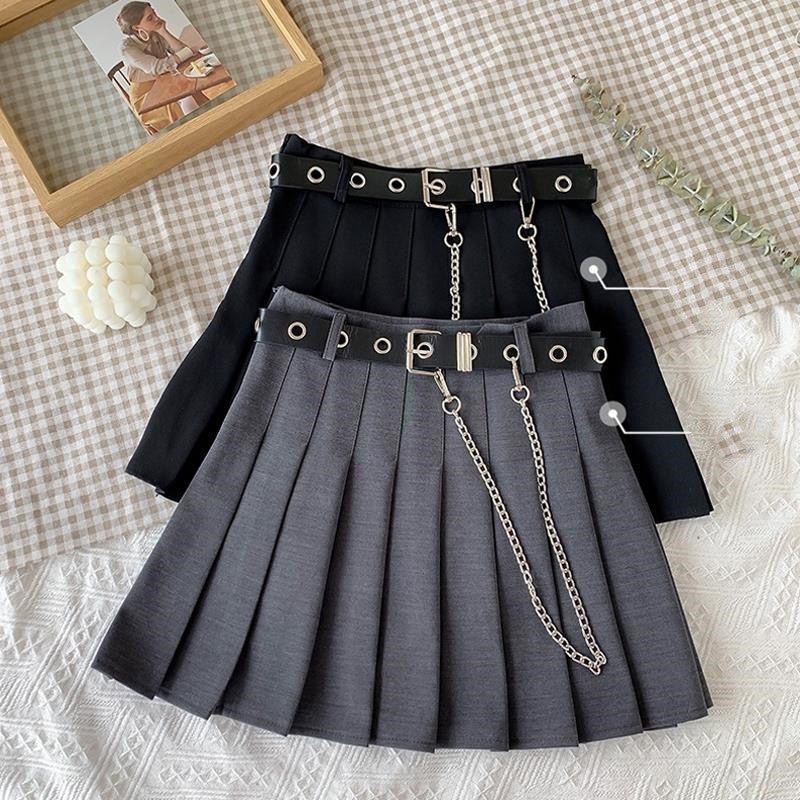 High-Waist Chain Pocket A-Line Plaid Skirt