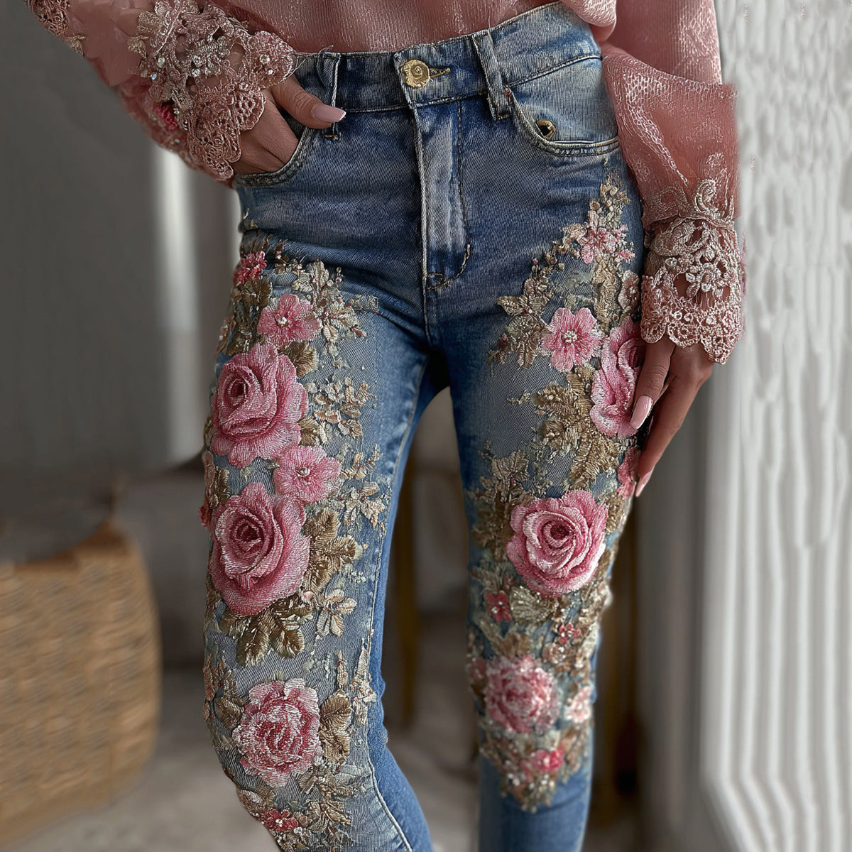3D Floral Print Wide-Leg Denim Jeans