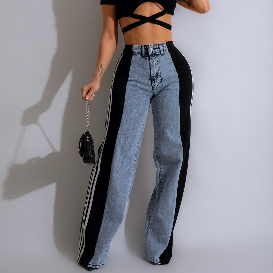 Three-Stripe Patchwork High-Waist Wide-Leg Denim Pants