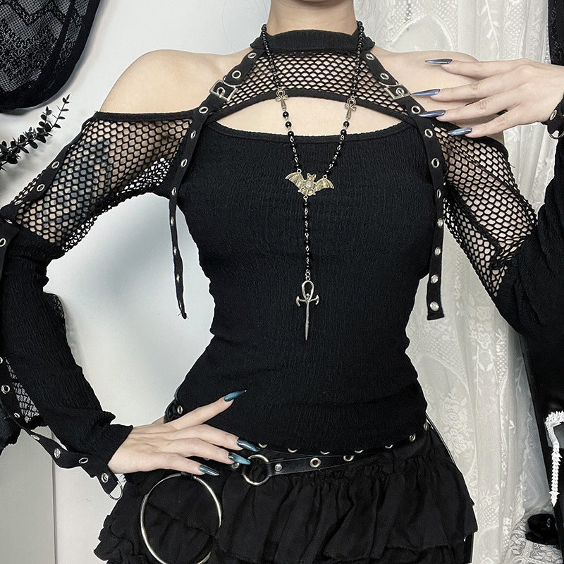 Mesh-Embellished Off-Shoulder Long-Sleeve Top Primordials