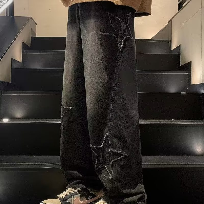 Star Embroidery Wide-Leg Gothic Denim Jeans