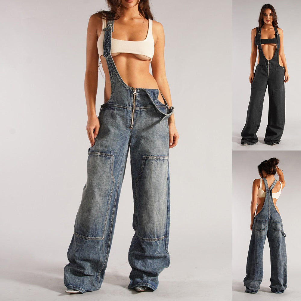 Y2K Zipper Denim Overalls With Pockets Primordials