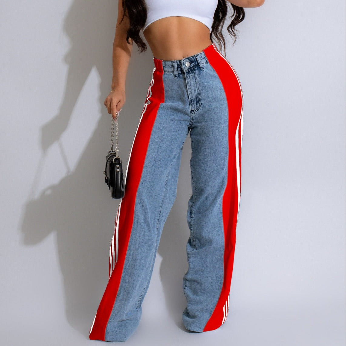 Three-Stripe Patchwork High-Waist Wide-Leg Denim Pants