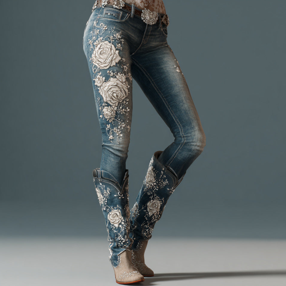 3D Floral Print Wide-Leg Denim Jeans