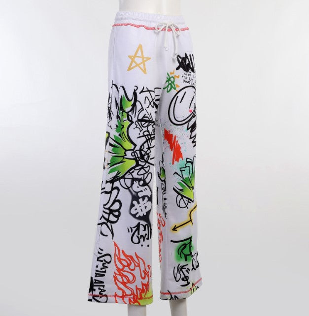 Spray Paint Print High-Waist Wide-Leg Pants Primordials