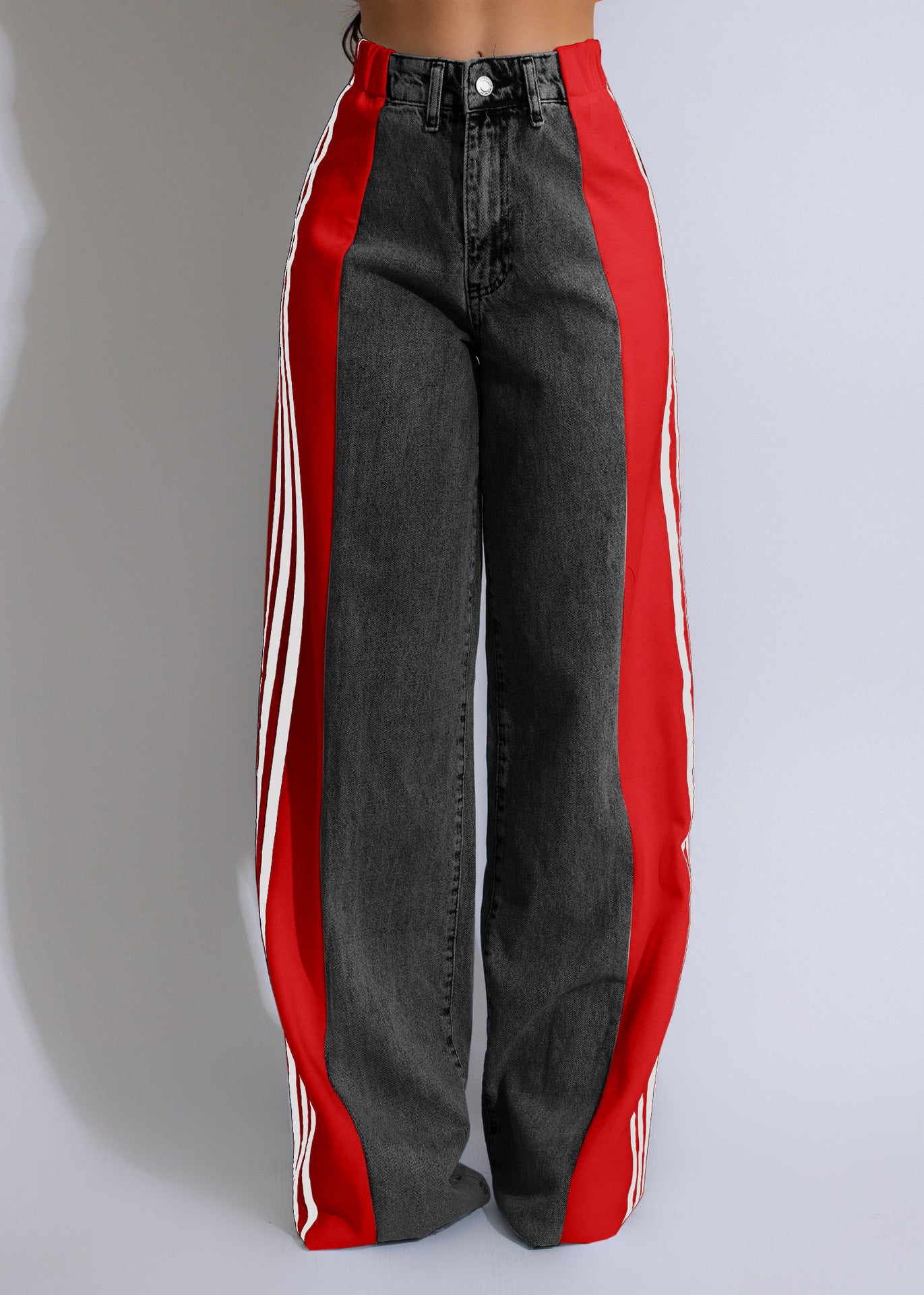 Three-Stripe Patchwork High-Waist Wide-Leg Denim Pants