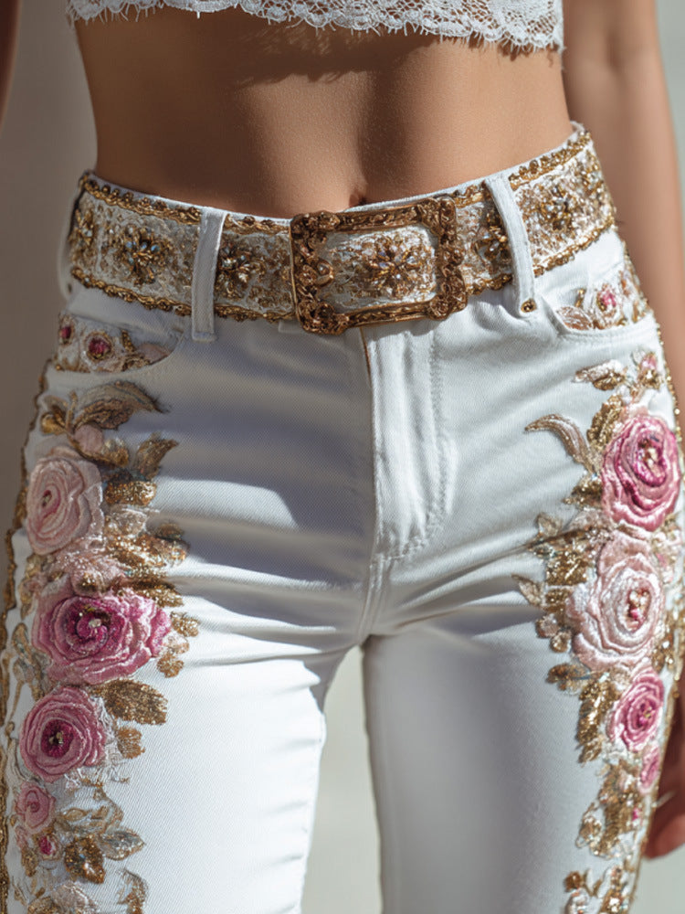 3D Floral Print Wide-Leg Denim Jeans