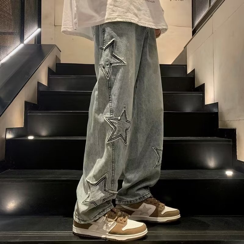 Star Embroidery Wide-Leg Gothic Denim Jeans
