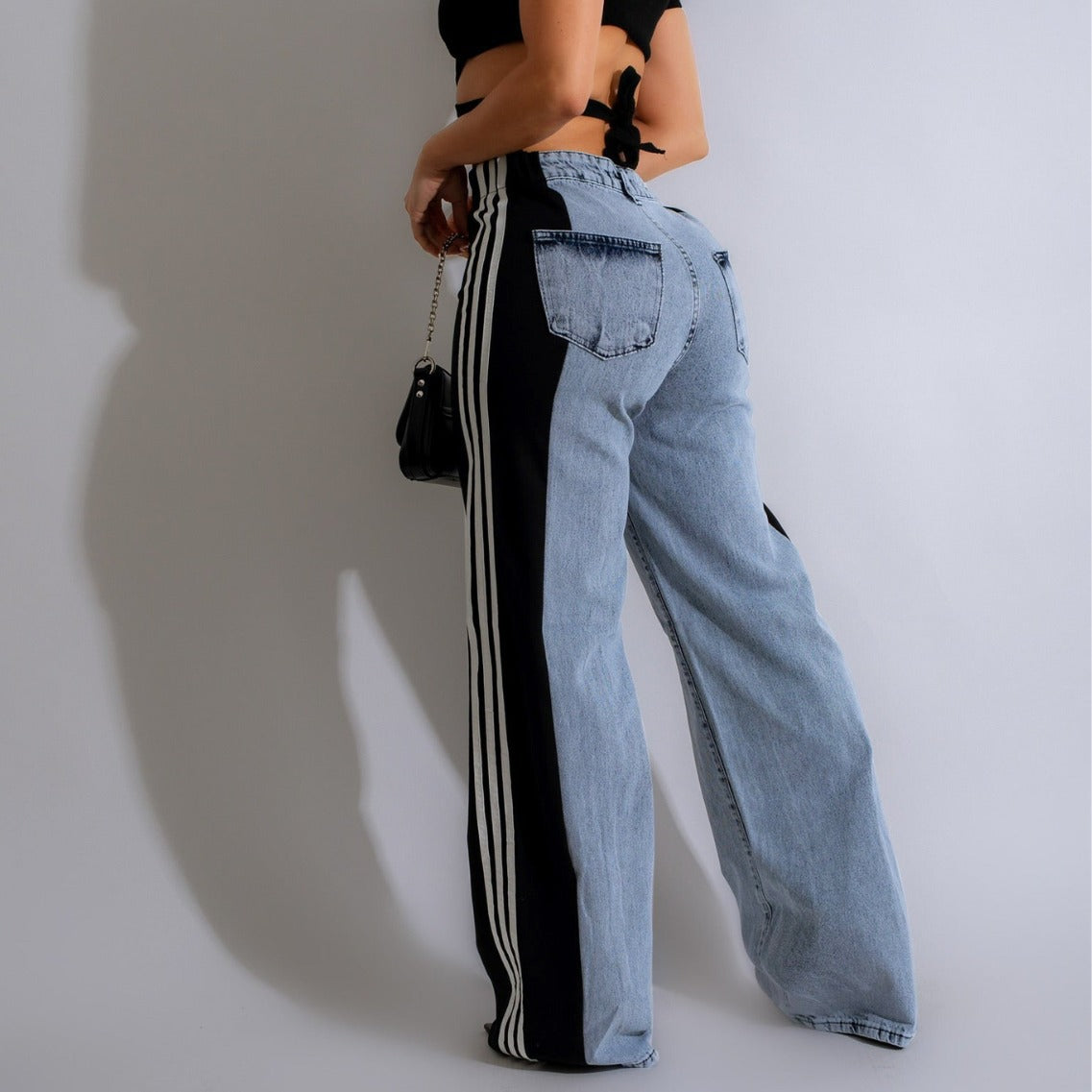Three-Stripe Patchwork High-Waist Wide-Leg Denim Pants