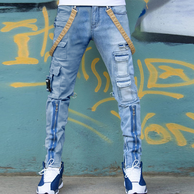 Color Block Washed Slim Straight-Leg Jeans