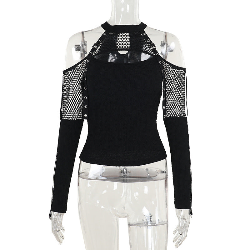 Mesh-Embellished Off-Shoulder Long-Sleeve Top Primordials