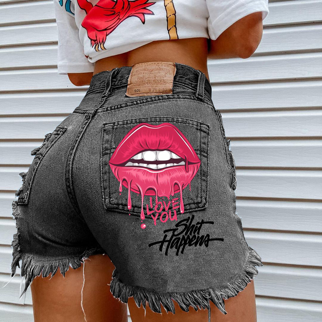 "Shit Happens" Ripped High-Waist Denim Shorts