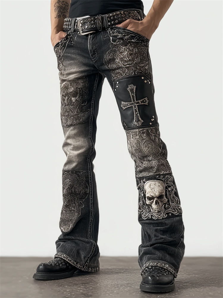 3D Floral Print Wide-Leg Denim Jeans