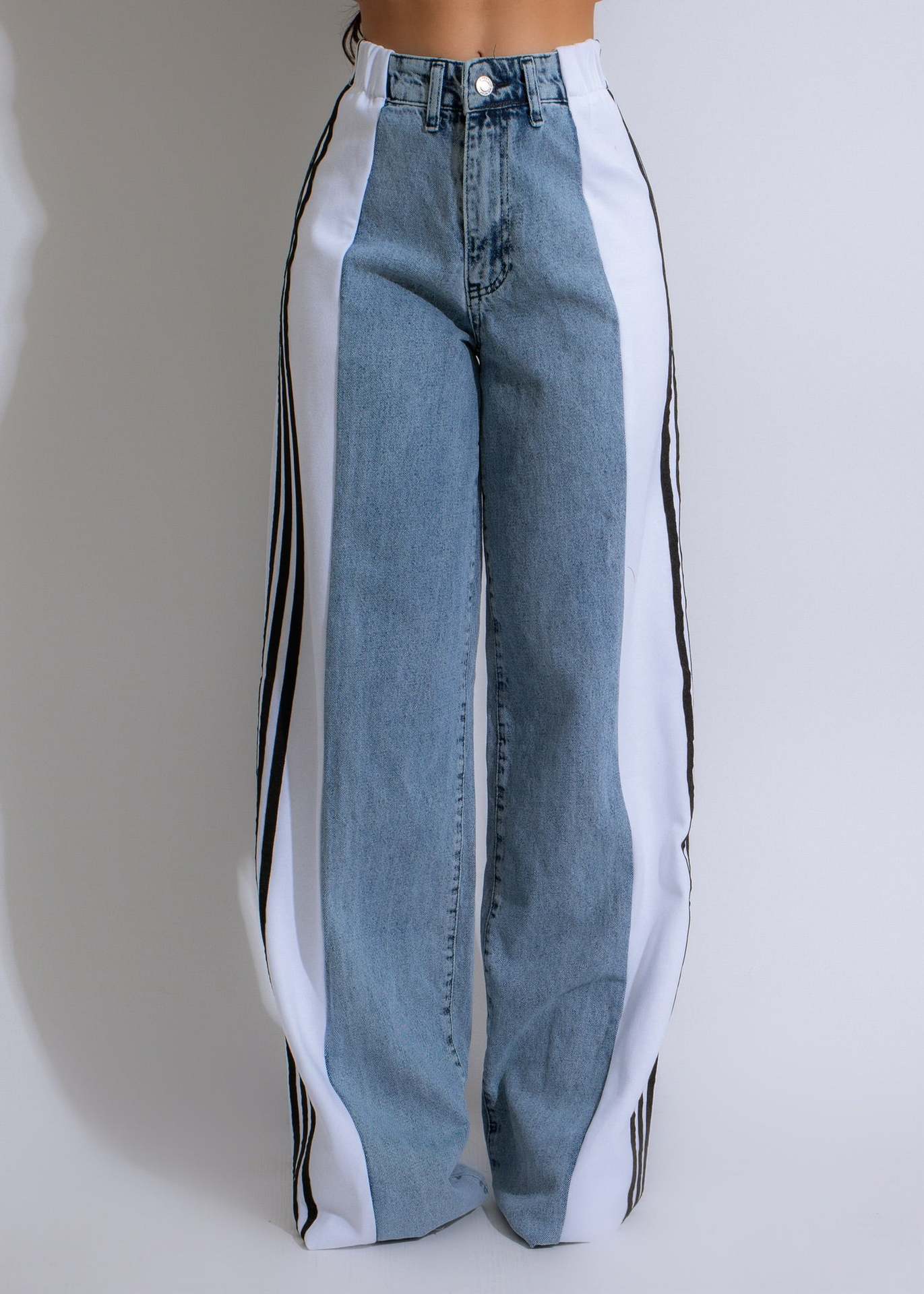 Three-Stripe Patchwork High-Waist Wide-Leg Denim Pants