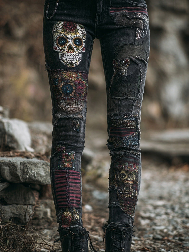 3D Floral Print Wide-Leg Denim Jeans