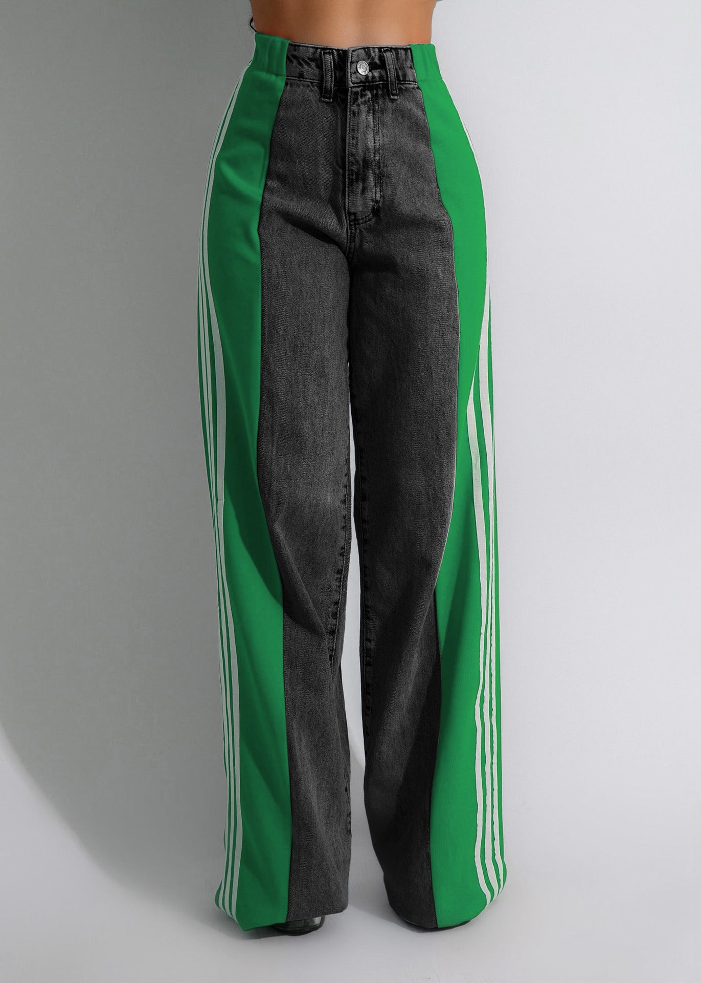 Three-Stripe Patchwork High-Waist Wide-Leg Denim Pants