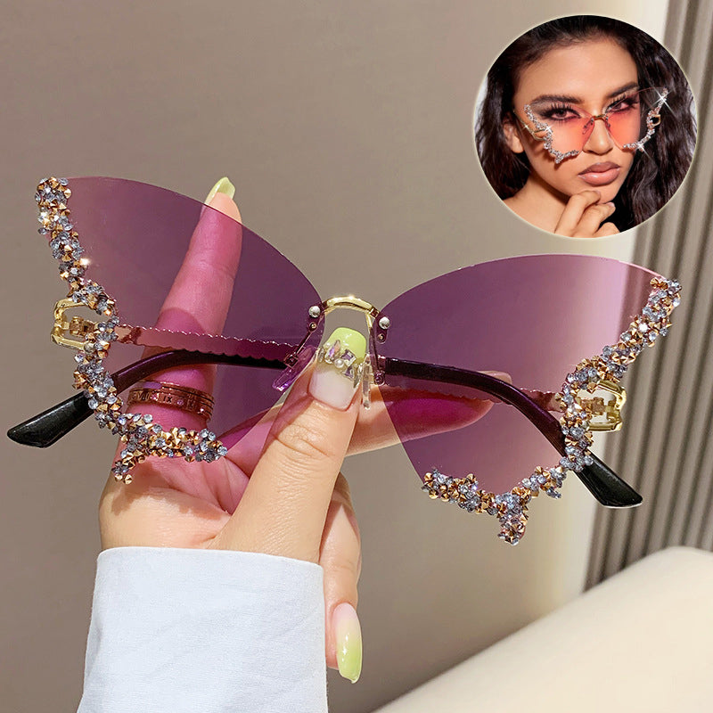 Luxury Diamond Butterfly Rimless Oversized Sunglasses