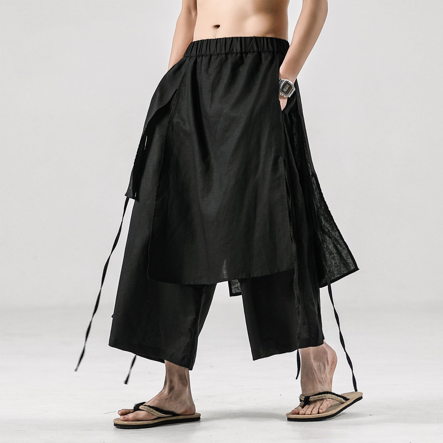 Men's Solid Color Retro Linen Casual Culottes - Whispering Winds