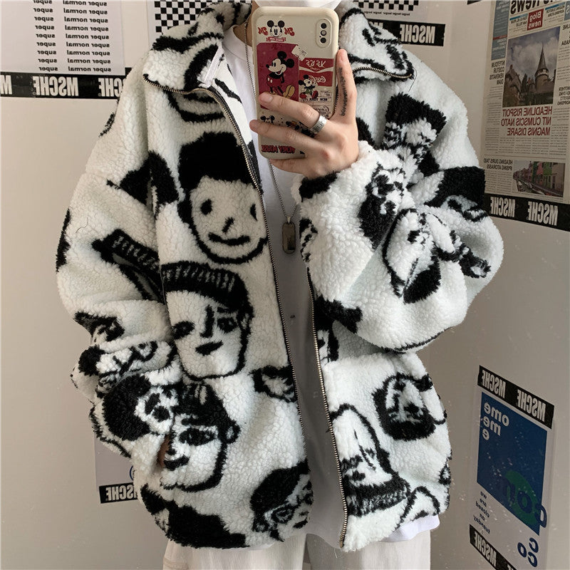 Chic Funny Print Loose Wool Winter Coat