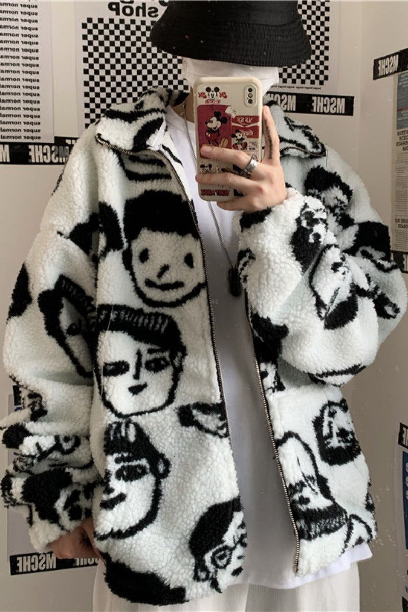 Chic Funny Print Loose Wool Winter Coat
