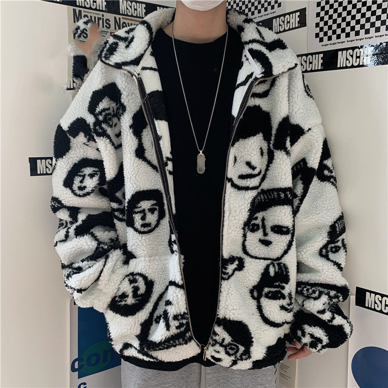 Chic Funny Print Loose Wool Winter Coat