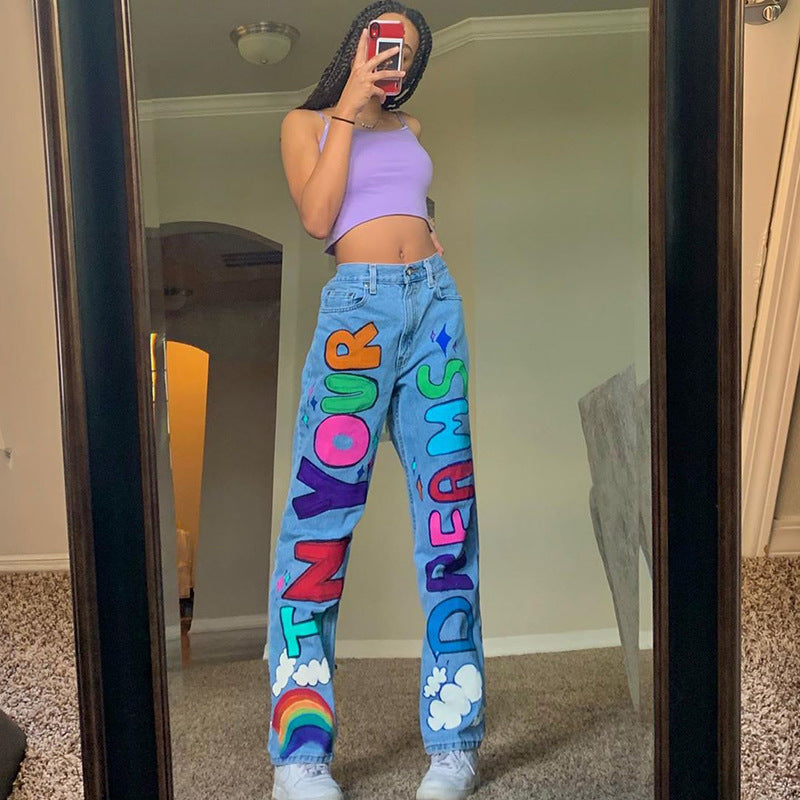 "In Your Dreams" Colored Graffiti Letter Print Loose Jeans