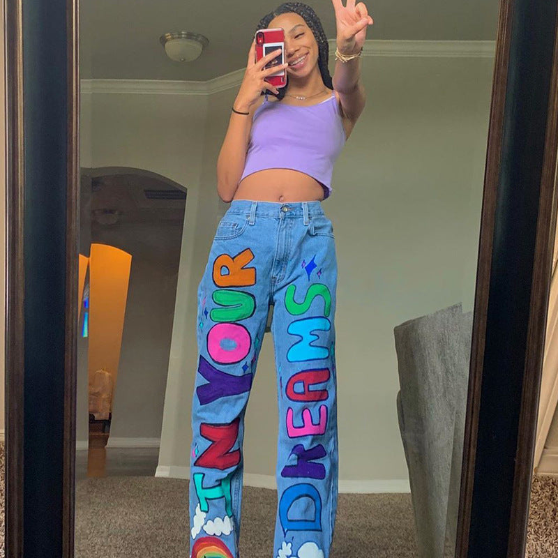 "In Your Dreams" Colored Graffiti Letter Print Loose Jeans