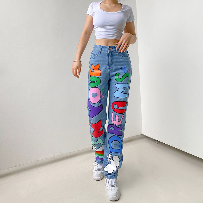 "In Your Dreams" Colored Graffiti Letter Print Loose Jeans