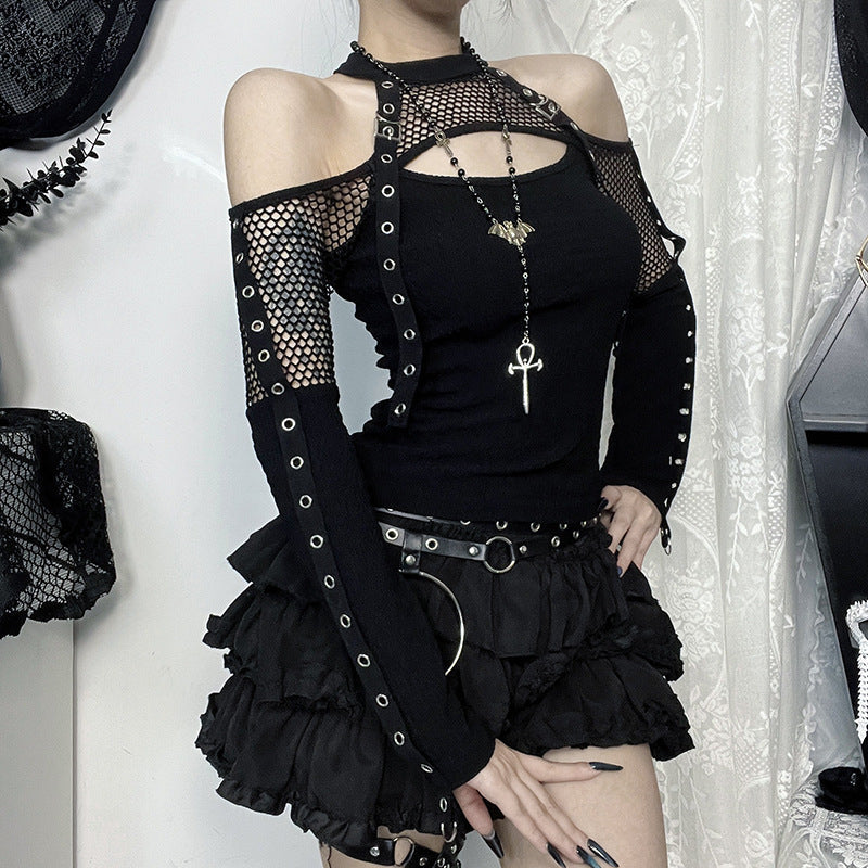 Mesh-Embellished Off-Shoulder Long-Sleeve Top Primordials