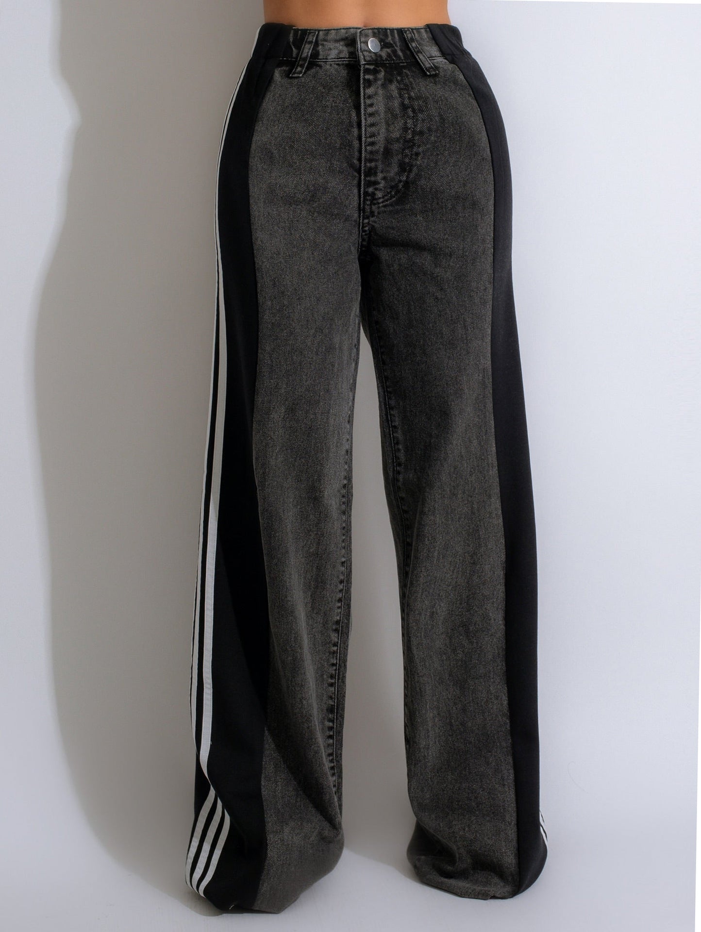 Three-Stripe Patchwork High-Waist Wide-Leg Denim Pants
