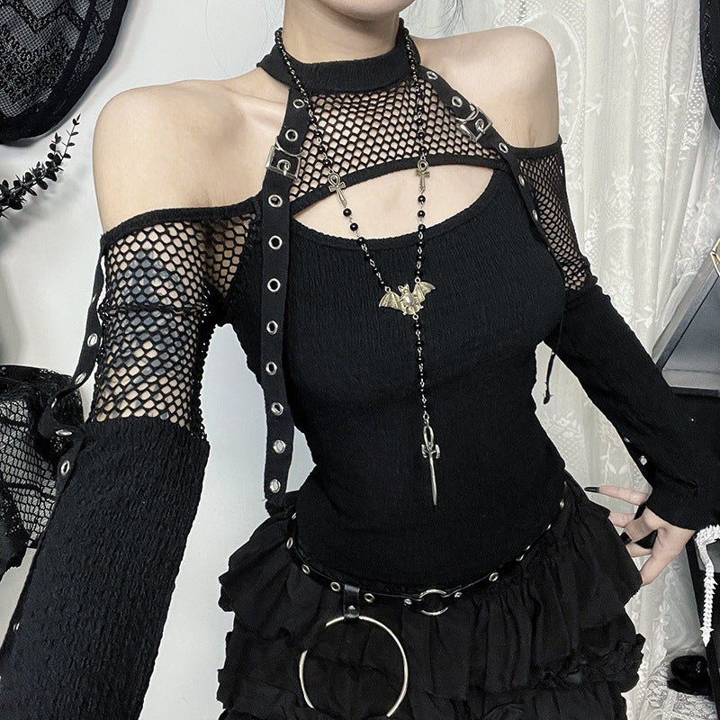 Mesh-Embellished Off-Shoulder Long-Sleeve Top Primordials