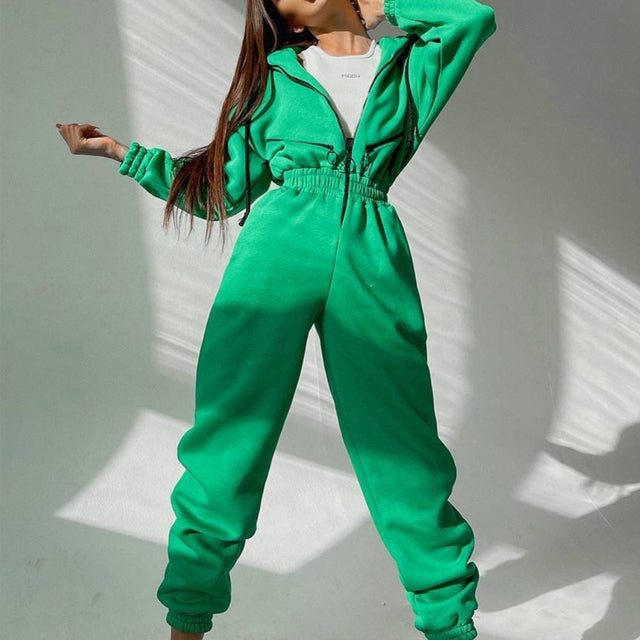 Zipper Drawstring Hoodie Two-Piece Set