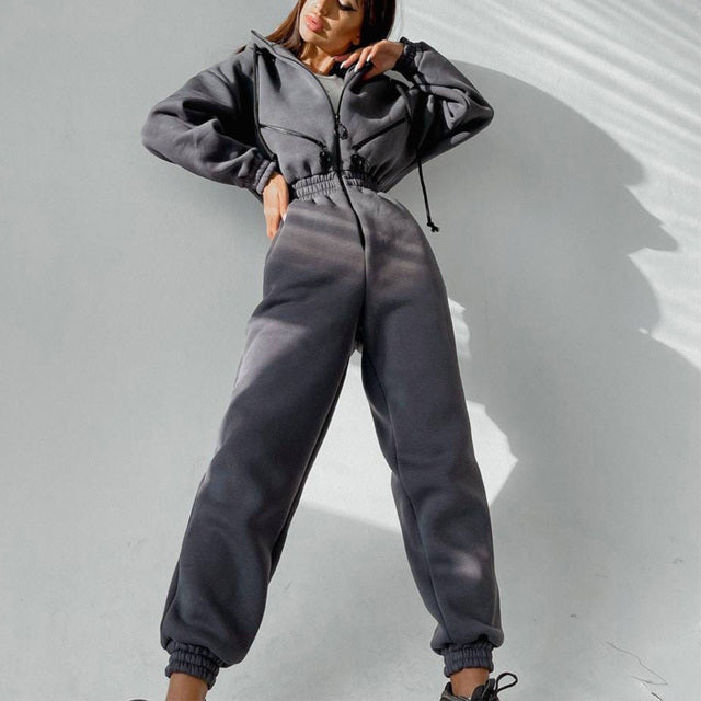 Zipper Drawstring Hoodie Two-Piece Set