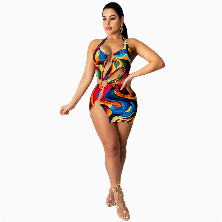 Hollow-Out Halter Backless Multicolor Mini Dress