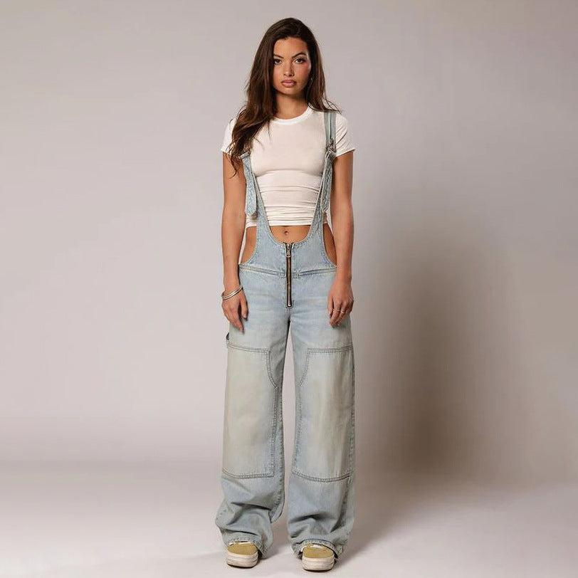 Y2K Zipper Denim Overalls With Pockets Primordials