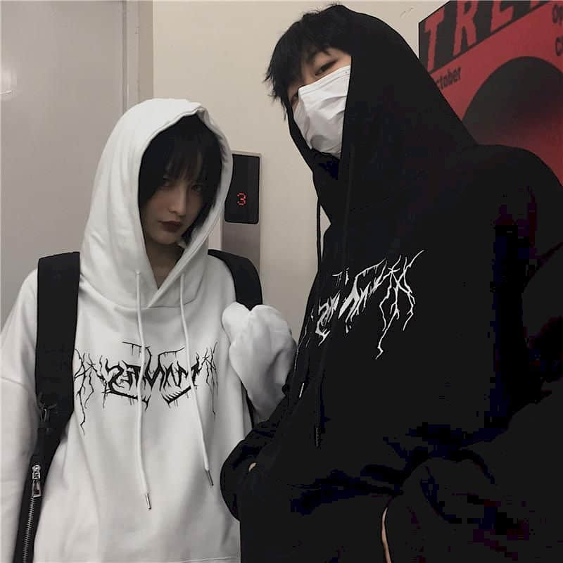 Lightning Print Fleece-Lined Gothic Hoodie Primordials