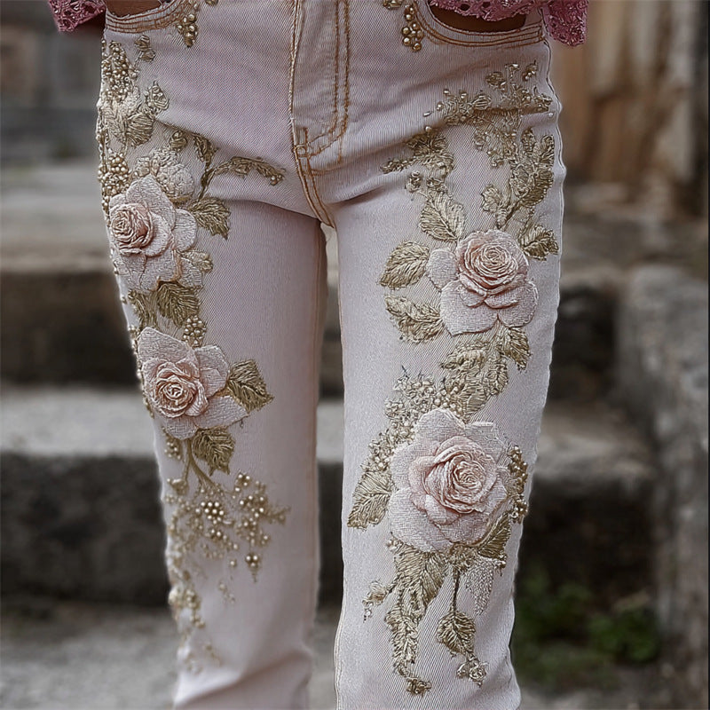 3D Floral Print Wide-Leg Denim Jeans
