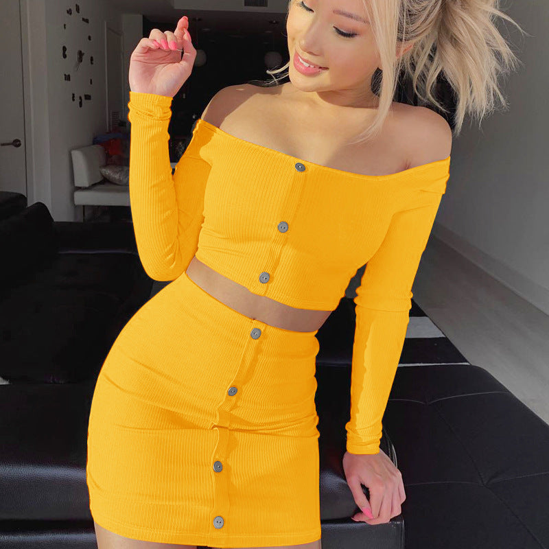 Off-Shoulder Bodycon Long-Sleeve Top & Skirt Set